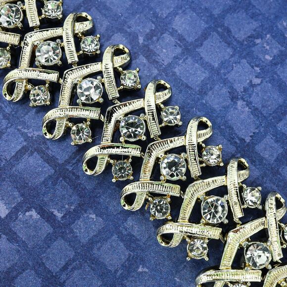 Vintage Coro Statement Linked Bracelet Washed Goldtone Rhinestones Bridal Glam - Picture 5 of 7